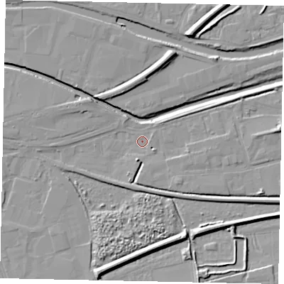Shaded relief map of the ground around LN58XF, computed from Environment Agency LiDAR. The ground here sits at about 5 m above sea level and falls 8 m across the surrounding 800 m. Surface water reaching this point runs off ground lying to the south-east, 1.6 m higher.