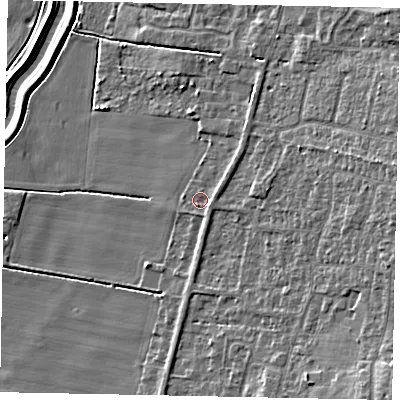 Shaded relief map of the ground around LN59AJ, computed from Environment Agency LiDAR. The ground here sits at about 8 m above sea level and falls 12 m across the surrounding 800 m. Surface water reaching this point runs off ground lying to the north-east, 1.2 m higher.