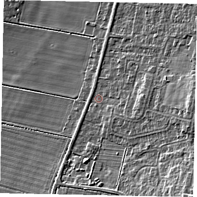 Shaded relief map of the ground around LN59AL, computed from Environment Agency LiDAR. The ground here sits at about 8 m above sea level and falls 14 m across the surrounding 800 m. Surface water reaching this point runs off ground lying to the south-east, 8.6 m higher.
