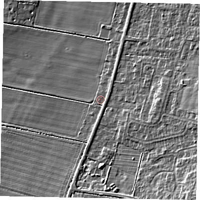 Shaded relief map of the ground around LN59AN, computed from Environment Agency LiDAR. The ground here sits at about 8 m above sea level and falls 12 m across the surrounding 800 m. Surface water reaching this point runs off ground lying to the south-east, 1.4 m higher.