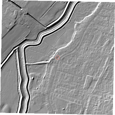 Shaded relief map of the ground around LN59BB, computed from Environment Agency LiDAR. The ground here sits at about 7 m above sea level and falls 12 m across the surrounding 800 m. Surface water reaching this point runs off ground lying to the north-east, 0.8 m higher.