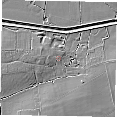 Shaded relief map of the ground around LN59DZ, computed from Environment Agency LiDAR. The ground here sits at about 9 m above sea level and falls 8 m across the surrounding 800 m. Surface water reaching this point runs off ground lying to the west-north-west, 1.9 m higher.