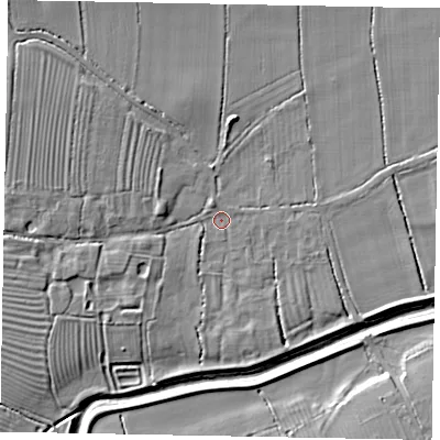 Shaded relief map of the ground around LN59EF, computed from Environment Agency LiDAR. The ground here sits at about 8 m above sea level and falls 9 m across the surrounding 800 m. Surface water reaching this point runs off ground lying to the north-west, 5.5 m higher.