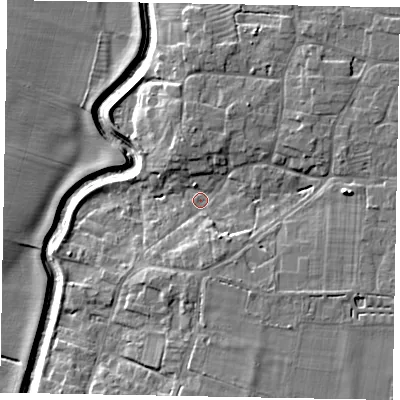 Shaded relief map of the ground around LN59EY, computed from Environment Agency LiDAR. The ground here sits at about 11 m above sea level and falls 8 m across the surrounding 800 m. Surface water reaching this point runs off ground lying to the east, 4.8 m higher.