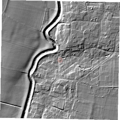 Shaded relief map of the ground around LN59EZ, computed from Environment Agency LiDAR. The ground here sits at about 11 m above sea level and falls 8 m across the surrounding 800 m. Surface water reaching this point runs off ground lying to the east, 5.6 m higher.