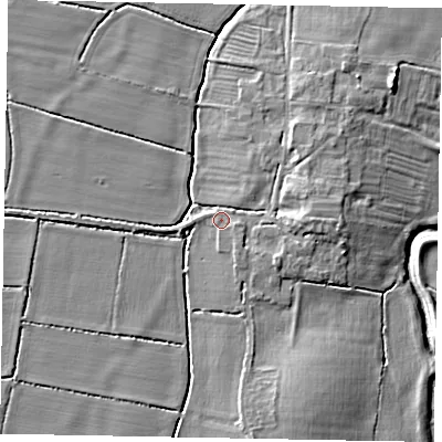 Shaded relief map of the ground around LN59FA, computed from Environment Agency LiDAR. The ground here sits at about 10 m above sea level and falls 7 m across the surrounding 800 m. Surface water reaching this point runs off ground lying to the east, 4.6 m higher.