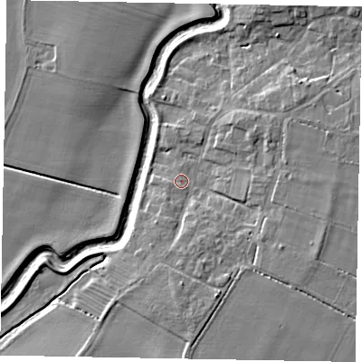 Shaded relief map of the ground around LN59HA, computed from Environment Agency LiDAR. The ground here sits at about 11 m above sea level and falls 8 m across the surrounding 800 m. Surface water reaching this point runs off ground lying to the south-south-east, 4.1 m higher.