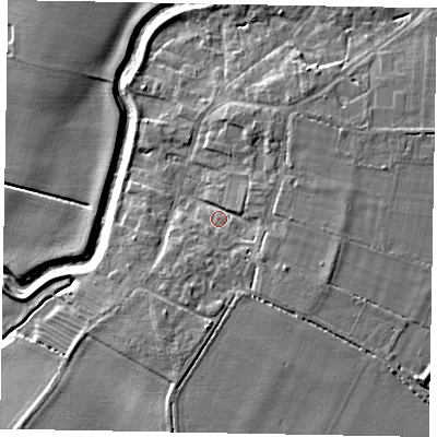 Shaded relief map of the ground around LN59HD, computed from Environment Agency LiDAR. The ground here sits at about 12 m above sea level and falls 9 m across the surrounding 800 m. Surface water reaching this point runs off ground lying to the east-south-east, 4.2 m higher.