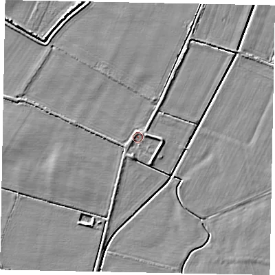 Shaded relief map of the ground around LN59JQ, computed from Environment Agency LiDAR. The ground here sits at about 7 m above sea level and falls 4 m across the surrounding 800 m. Surface water reaching this point runs off ground lying to the east, 1.4 m higher.