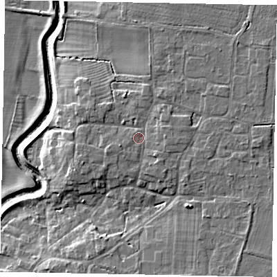 Shaded relief map of the ground around LN59JZ, computed from Environment Agency LiDAR. The ground here sits at about 14 m above sea level and falls 8 m across the surrounding 800 m. Surface water reaching this point runs off ground lying to the west-south-west, 1.4 m higher.