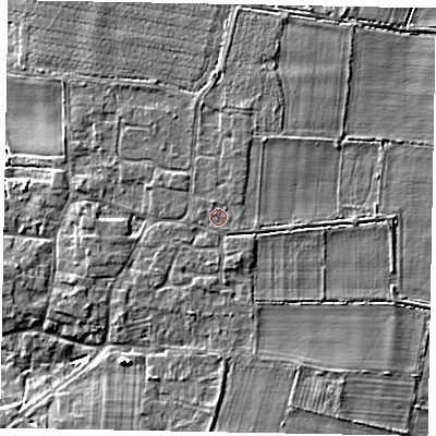 Shaded relief map of the ground around LN59LD, computed from Environment Agency LiDAR. The ground here sits at about 14 m above sea level and falls 4 m across the surrounding 800 m. The ground contributing surface water to this point lies to the north-north-west.