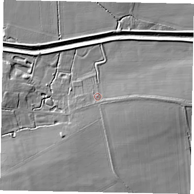 Shaded relief map of the ground around LN59SX, computed from Environment Agency LiDAR. The ground here sits at about 9 m above sea level and falls 8 m across the surrounding 800 m. Surface water reaching this point runs off ground lying to the east-south-east, 1.6 m higher.