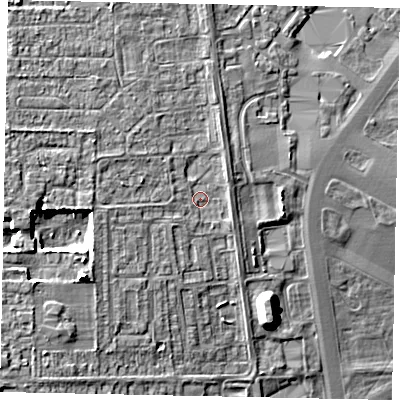 Shaded relief map of the ground around LN59WL, computed from Environment Agency LiDAR. The ground here sits at about 74 m above sea level and falls 9 m across the surrounding 800 m. Surface water reaching this point runs off ground lying to the west, 2.9 m higher.
