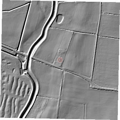Shaded relief map of the ground around LN59XQ, computed from Environment Agency LiDAR. The ground here sits at about 9 m above sea level and falls 7 m across the surrounding 800 m. Surface water reaching this point runs off ground lying to the east-south-east, 1.0 m higher.