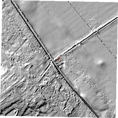 Shaded relief map of the ground around LN60SB, computed from Environment Agency LiDAR. The ground here sits at about 6 m above sea level and falls 14 m across the surrounding 800 m. Surface water reaching this point runs off ground lying to the south-south-east, 3.2 m higher.