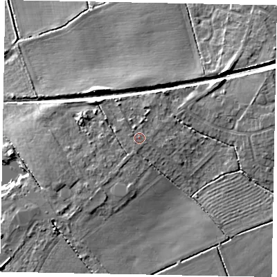 Shaded relief map of the ground around LN64RH, computed from Environment Agency LiDAR. The ground here sits at about 18 m above sea level and falls 13 m across the surrounding 800 m. Surface water reaching this point runs off ground lying to the south-west, 0.9 m higher.