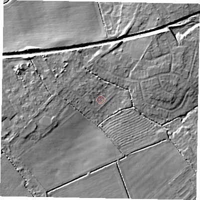 Shaded relief map of the ground around LN64RJ, computed from Environment Agency LiDAR. The ground here sits at about 15 m above sea level and falls 10 m across the surrounding 800 m. Surface water reaching this point runs off ground lying to the south-south-west, 5.7 m higher.