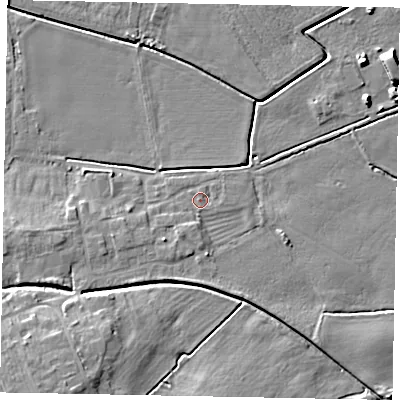 Shaded relief map of the ground around LN65AA, computed from Environment Agency LiDAR. The ground here sits at about 6 m above sea level and falls 11 m across the surrounding 800 m. Surface water reaching this point runs off ground lying to the south-west, 2.0 m higher.