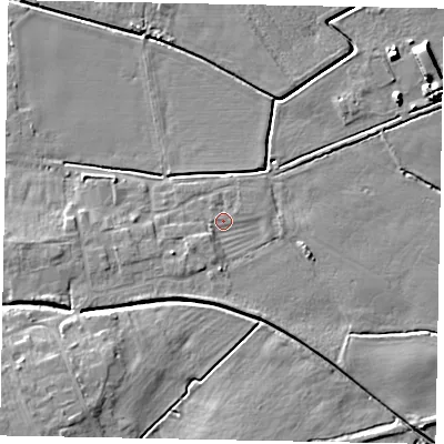 Shaded relief map of the ground around LN65AD, computed from Environment Agency LiDAR. The ground here sits at about 6 m above sea level and falls 11 m across the surrounding 800 m. Surface water reaching this point runs off ground lying to the west-south-west, 2.3 m higher.
