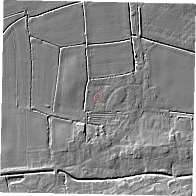 Shaded relief map of the ground around LN65AR, computed from Environment Agency LiDAR. The ground here sits at about 5 m above sea level and falls 8 m across the surrounding 800 m. Surface water reaching this point runs off ground lying to the south-south-west, 3.5 m higher.