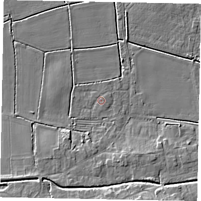 Shaded relief map of the ground around LN65AS, computed from Environment Agency LiDAR. The ground here sits at about 5 m above sea level and falls 8 m across the surrounding 800 m. Surface water reaching this point runs off ground lying to the south-south-west, 3.5 m higher.