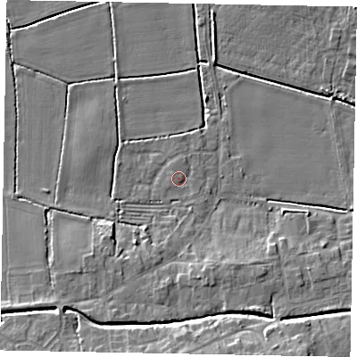 Shaded relief map of the ground around LN65AT, computed from Environment Agency LiDAR. The ground here sits at about 6 m above sea level and falls 8 m across the surrounding 800 m. Surface water reaching this point runs off ground lying to the north-west, 0.8 m higher.