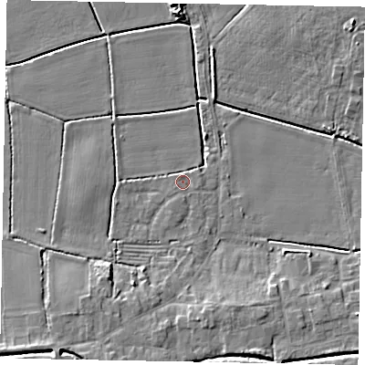 Shaded relief map of the ground around LN65AU, computed from Environment Agency LiDAR. The ground here sits at about 5 m above sea level and falls 6 m across the surrounding 800 m. Surface water reaching this point runs off ground lying to the west-south-west, 0.6 m higher.