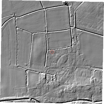 Shaded relief map of the ground around LN65AW, computed from Environment Agency LiDAR. The ground here sits at about 5 m above sea level and falls 6 m across the surrounding 800 m. Surface water reaching this point runs off ground lying to the south, 3.6 m higher.