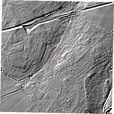 Shaded relief map of the ground around LN65AX, computed from Environment Agency LiDAR. The ground here sits at about 14 m above sea level and falls 9 m across the surrounding 800 m. Surface water reaching this point runs off ground lying to the south-south-east, 3.7 m higher.