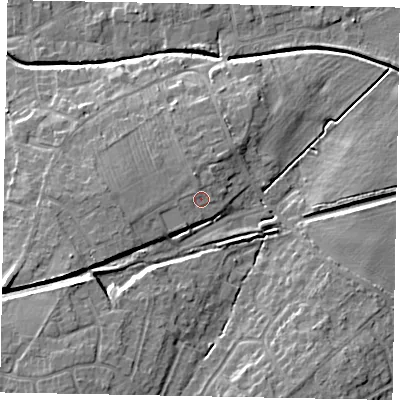 Shaded relief map of the ground around LN65RD, computed from Environment Agency LiDAR. The ground here sits at about 13 m above sea level and falls 12 m across the surrounding 800 m. Surface water reaching this point runs off ground lying to the west-south-west, 1.3 m higher.