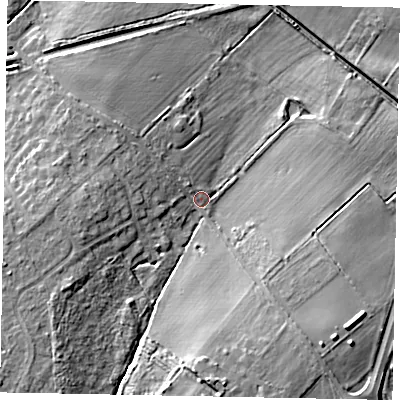 Shaded relief map of the ground around LN65SA, computed from Environment Agency LiDAR. The ground here sits at about 10 m above sea level and falls 12 m across the surrounding 800 m. Surface water reaching this point runs off ground lying to the south, 8.3 m higher.