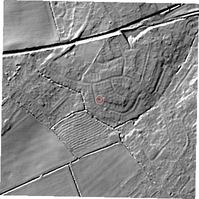 Shaded relief map of the ground around LN65SD, computed from Environment Agency LiDAR. The ground here sits at about 16 m above sea level and falls 9 m across the surrounding 800 m. Surface water reaching this point runs off ground lying to the north-north-east, 1.2 m higher.