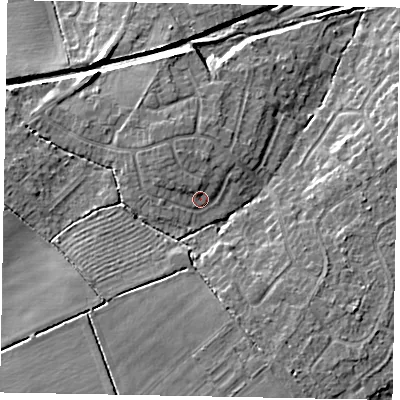 Shaded relief map of the ground around LN65SF, computed from Environment Agency LiDAR. The ground here sits at about 15 m above sea level and falls 10 m across the surrounding 800 m. Surface water reaching this point runs off ground lying to the north-north-west, 2.3 m higher.