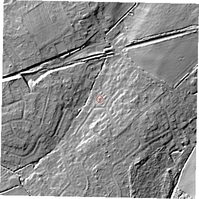 Shaded relief map of the ground around LN65ST, computed from Environment Agency LiDAR. The ground here sits at about 12 m above sea level and falls 9 m across the surrounding 800 m. Surface water reaching this point runs off ground lying to the south, 4.0 m higher.