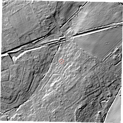 Shaded relief map of the ground around LN65SU, computed from Environment Agency LiDAR. The ground here sits at about 12 m above sea level and falls 11 m across the surrounding 800 m. Surface water reaching this point runs off ground lying to the south-south-east, 3.9 m higher.