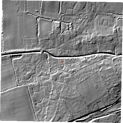 Shaded relief map of the ground around LN65TR, computed from Environment Agency LiDAR. The ground here sits at about 9 m above sea level and falls 12 m across the surrounding 800 m. Surface water reaching this point runs off ground lying to the south, 9.3 m higher.