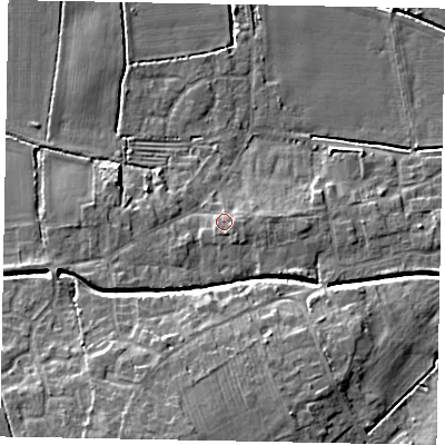 Shaded relief map of the ground around LN65TU, computed from Environment Agency LiDAR. The ground here sits at about 8 m above sea level and falls 12 m across the surrounding 800 m. Surface water reaching this point runs off ground lying to the south-south-east, 1.8 m higher.