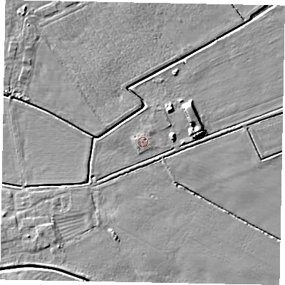 Shaded relief map of the ground around LN65TX, computed from Environment Agency LiDAR. The ground here sits at about 5 m above sea level and falls 7 m across the surrounding 800 m. Surface water reaching this point runs off ground lying to the west, 0.6 m higher.