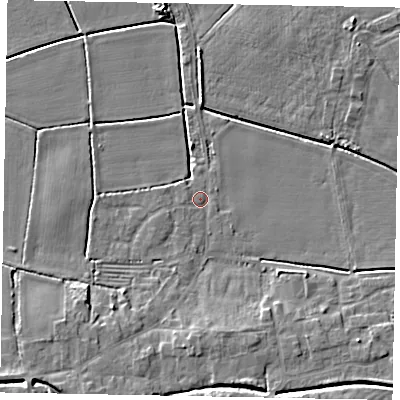 Shaded relief map of the ground around LN65TY, computed from Environment Agency LiDAR. The ground here sits at about 5 m above sea level and falls 6 m across the surrounding 800 m. Surface water reaching this point runs off ground lying to the west-south-west, 1.0 m higher.