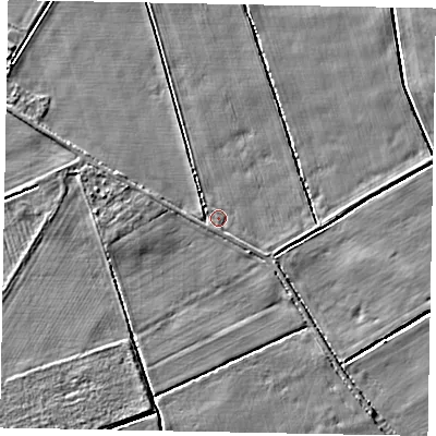 Shaded relief map of the ground around LN65TZ, computed from Environment Agency LiDAR. The ground here sits at about 5 m above sea level and falls 4 m across the surrounding 800 m. Surface water reaching this point runs off ground lying to the north-north-west, 1.3 m higher.