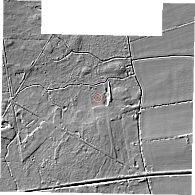 Shaded relief map of the ground around LN65UA, computed from Environment Agency LiDAR. The ground here sits at about 6 m above sea level and falls 6 m across the surrounding 800 m. Surface water reaching this point runs off ground lying to the south, 3.0 m higher.