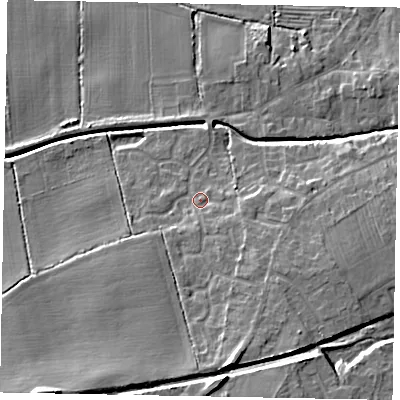 Shaded relief map of the ground around LN65UB, computed from Environment Agency LiDAR. The ground here sits at about 10 m above sea level and falls 13 m across the surrounding 800 m. Surface water reaching this point runs off ground lying to the south-east, 3.8 m higher.