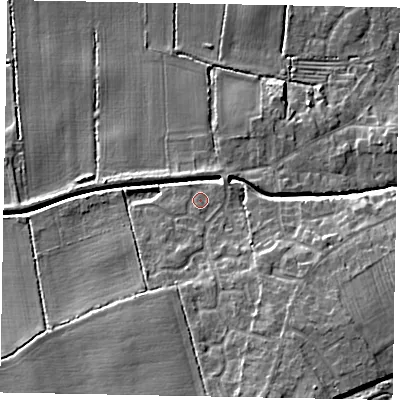 Shaded relief map of the ground around LN65UJ, computed from Environment Agency LiDAR. The ground here sits at about 9 m above sea level and falls 11 m across the surrounding 800 m. Surface water reaching this point runs off ground lying to the south-south-east, 0.9 m higher.