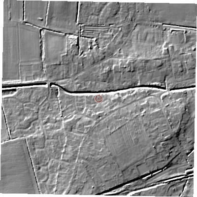 Shaded relief map of the ground around LN65UP, computed from Environment Agency LiDAR. The ground here sits at about 9 m above sea level and falls 12 m across the surrounding 800 m. Surface water reaching this point runs off ground lying to the south, 9.7 m higher.