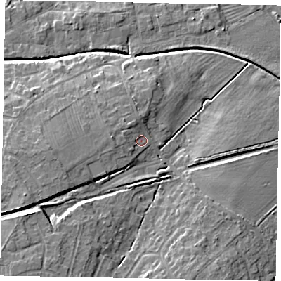 Shaded relief map of the ground around LN65UT, computed from Environment Agency LiDAR. The ground here sits at about 11 m above sea level and falls 11 m across the surrounding 800 m. Surface water reaching this point runs off ground lying to the west, 3.0 m higher.