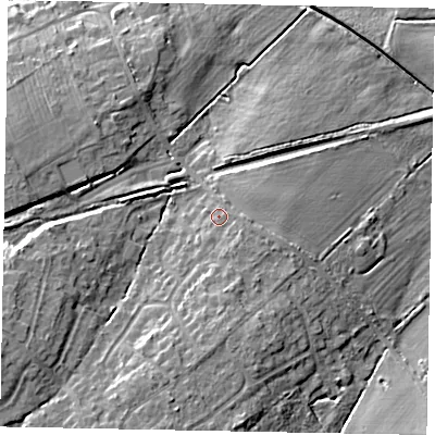 Shaded relief map of the ground around LN65UU, computed from Environment Agency LiDAR. The ground here sits at about 12 m above sea level and falls 11 m across the surrounding 800 m. Surface water reaching this point runs off ground lying to the south-south-east, 1.9 m higher.