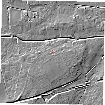 Shaded relief map of the ground around LN65UW, computed from Environment Agency LiDAR. The ground here sits at about 12 m above sea level and falls 15 m across the surrounding 800 m. Surface water reaching this point runs off ground lying to the south, 3.8 m higher.