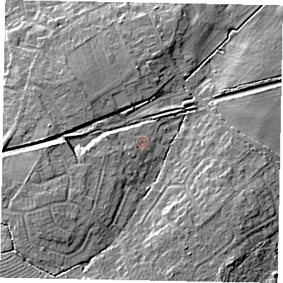 Shaded relief map of the ground around LN65UX, computed from Environment Agency LiDAR. The ground here sits at about 13 m above sea level and falls 11 m across the surrounding 800 m. Surface water reaching this point runs off ground lying to the west-south-west, 1.7 m higher.