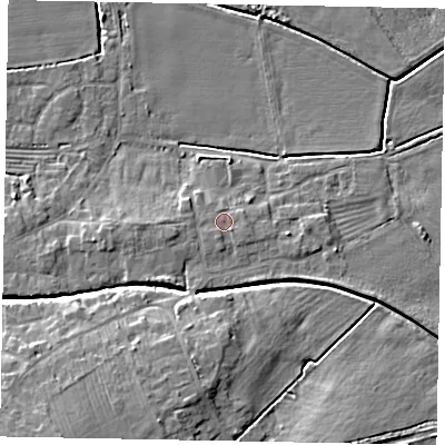 Shaded relief map of the ground around LN65UZ, computed from Environment Agency LiDAR. The ground here sits at about 7 m above sea level and falls 13 m across the surrounding 800 m. Surface water reaching this point runs off ground lying to the west-south-west, 1.3 m higher.