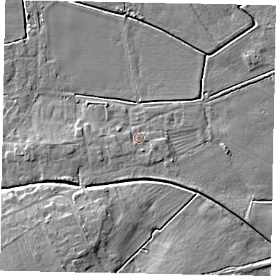 Shaded relief map of the ground around LN65XA, computed from Environment Agency LiDAR. The ground here sits at about 7 m above sea level and falls 12 m across the surrounding 800 m. Surface water reaching this point runs off ground lying to the south-south-east, 1.7 m higher.